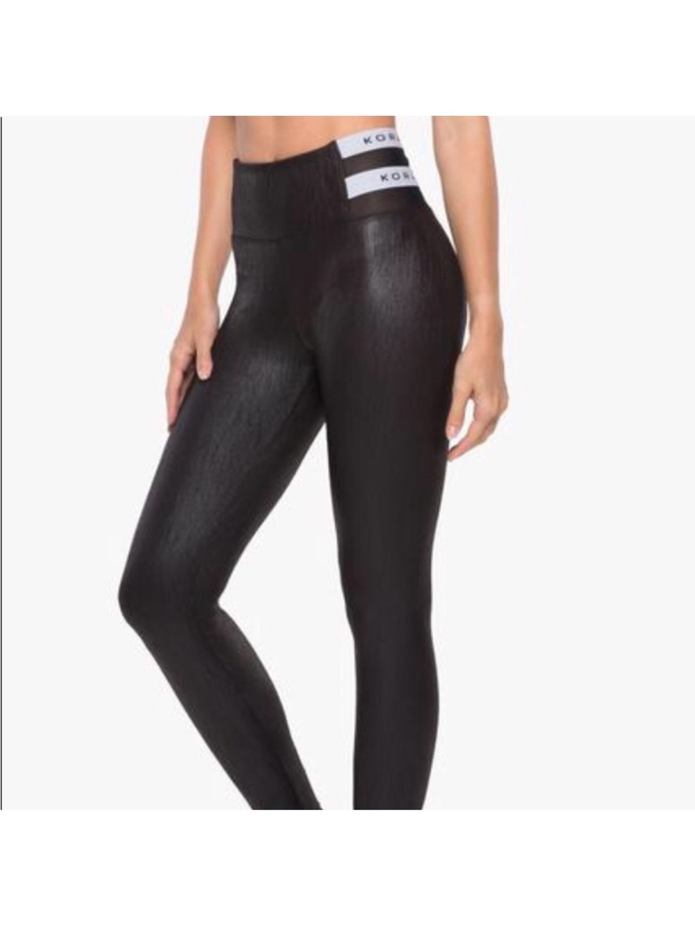 KORAL Black leather look leggings Mesh logo detail at waist hip high rise waist